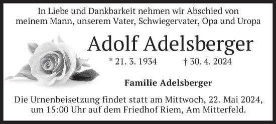Traueranzeige von Adolf Adelsberger von merkurtz