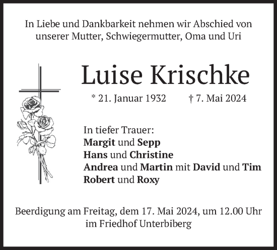 Traueranzeige von Luise Krischke von merkurtz